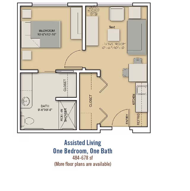Floor plan of an assisted living one-bedroom, one-bath apartment showing bedroom, living room, kitchen, bathroom, closets, and entry.