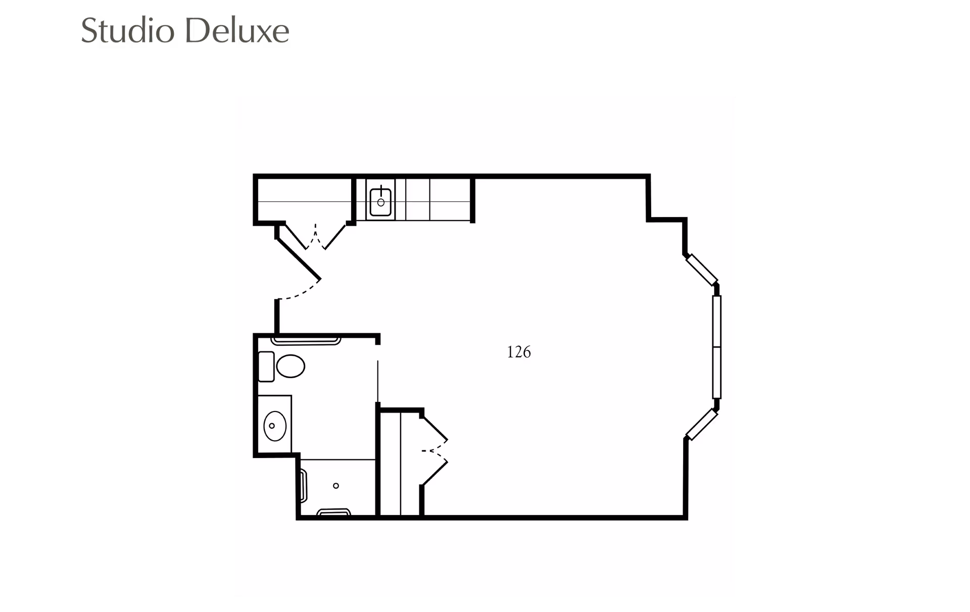 Floor plan layout of a Studio Deluxe apartment unit labeled 126, showing a combined living and sleeping area, a kitchenette with a sink, a bathroom with a toilet, sink, and shower, and closet spaces.