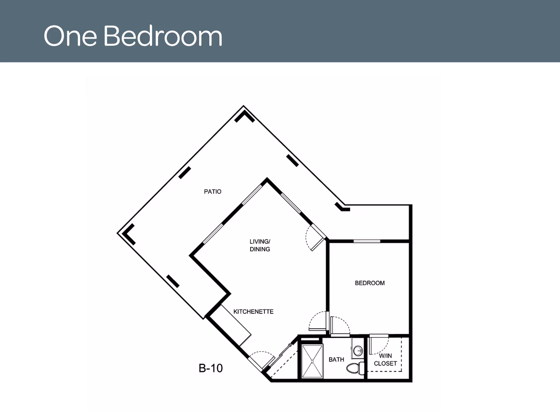 Floor plan layout for a one-bedroom unit labeled B-10, showing a patio, living/dining area, kitchenette, bedroom, bathroom, and walk-in closet.