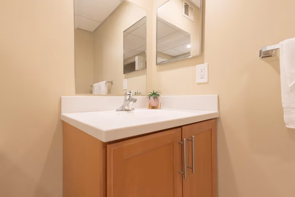 A bathroom vanity with a white countertop and wooden cabinet below. There is a silver faucet, a small potted plant, a large mirror above the sink, a towel rack with a white towel on the right wall, and a beige wall background.