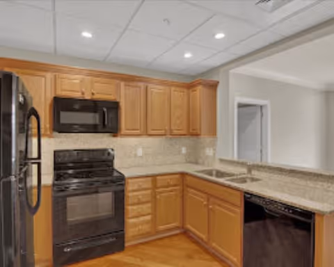 Modern kitchen with wooden cabinets, black appliances including a refrigerator, oven, microwave, and dishwasher, beige granite countertops, and recessed ceiling lights.