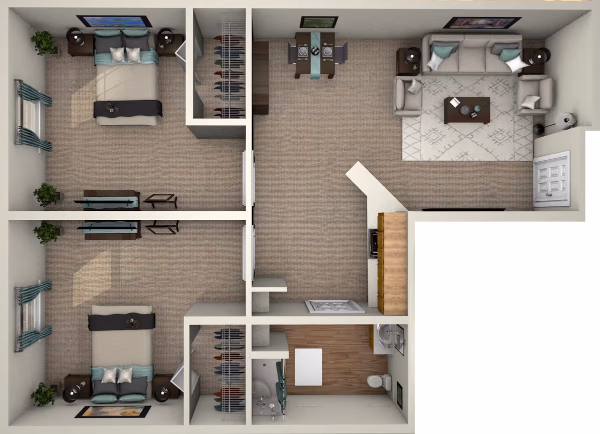 Top-down view of a senior living facility apartment floor plan showing two bedrooms, a living room with sofa and armchairs, a dining area with a table and four chairs, a kitchen with appliances, and a bathroom with a shower, toilet, and sink.