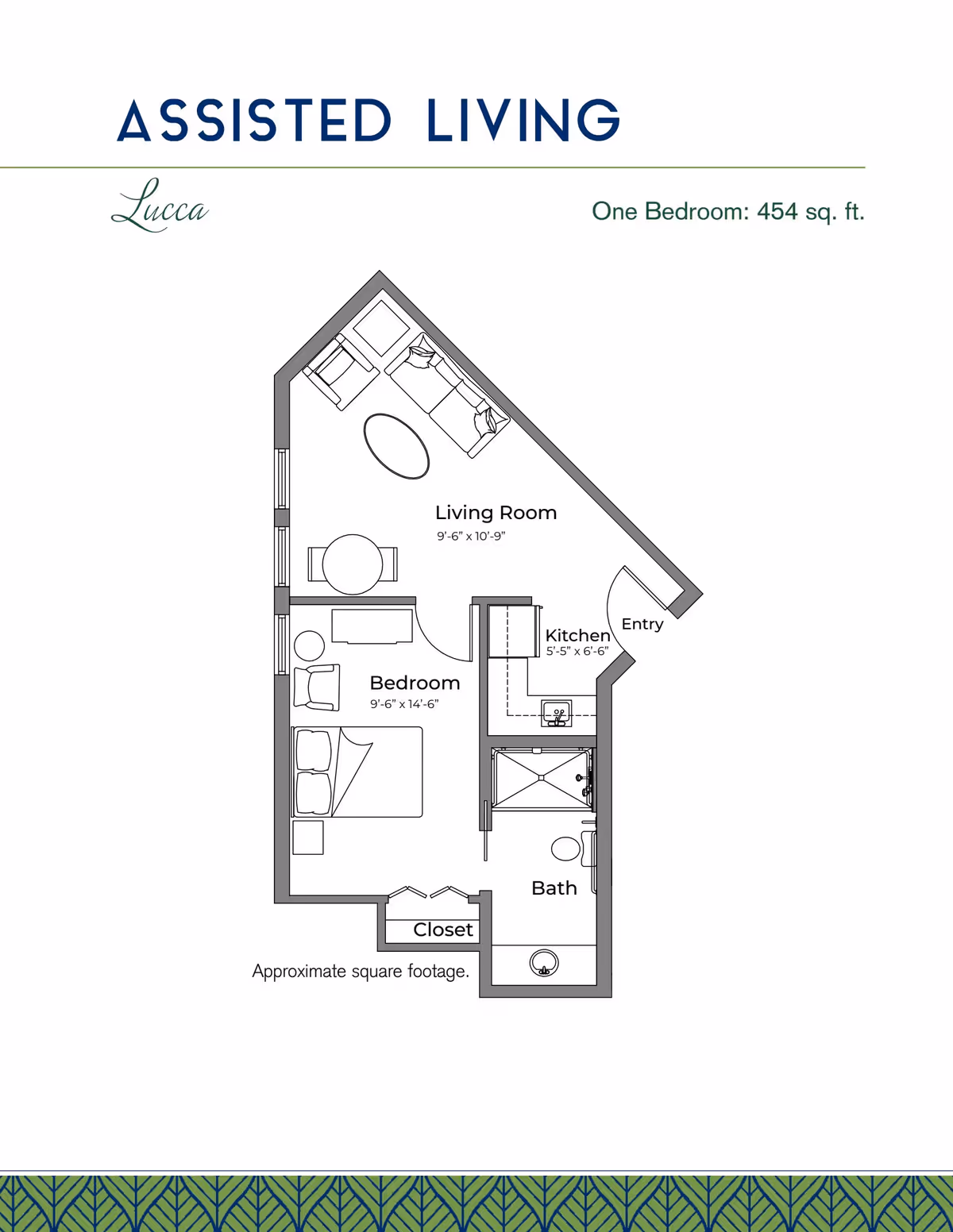 Floor plan of a one-bedroom assisted living unit named Lucca, showing a living room, bedroom, kitchen, bath, closet, and entry with approximate dimensions and total area of 454 square feet.