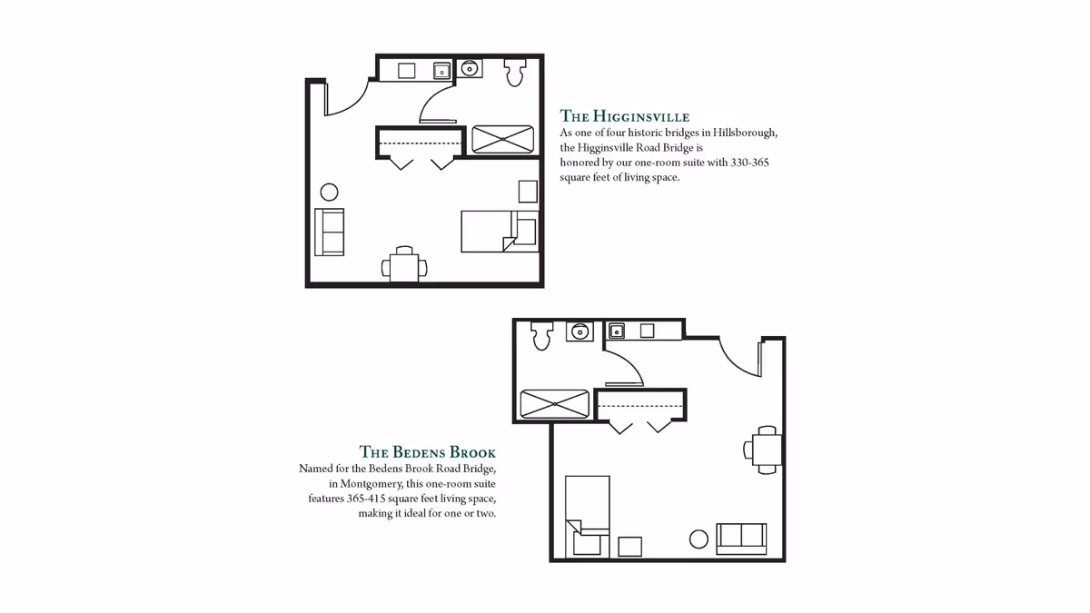 Two architectural floor plans for one-room suites named The Higginsville and The Bedens Brook, showing layouts with a bathroom, kitchenette, living and sleeping areas, and furniture placement.
