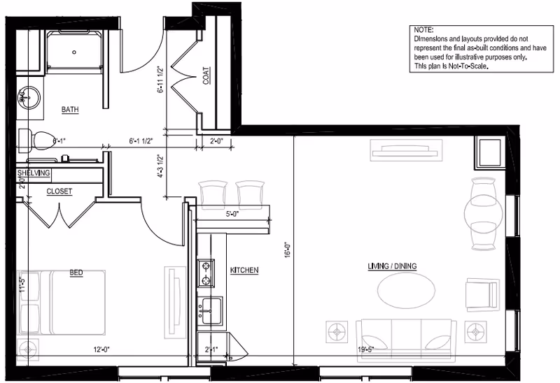 Architectural floor plan of a residential unit at The Residence at Penniman Hill showing a bedroom with a bed and closet, a bathroom with a shower, sink, and toilet, a kitchen area with a counter and two stools, and a combined living and dining area with sofa, chairs, coffee table, and fireplace.