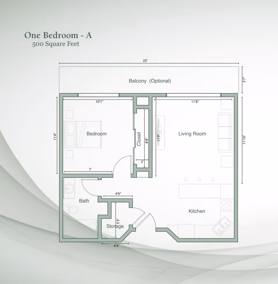 Floor plan of a one-bedroom apartment labeled 'One Bedroom - A, 500 Square Feet' showing a bedroom, living room, kitchen, bath, storage, closet, and an optional balcony with dimensions.
