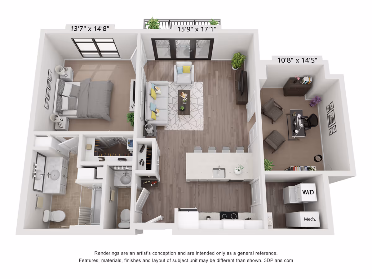 3D-rendered one-bedroom apartment floor plan showing a bedroom, bathroom, living area with kitchen island, and a separate office/den.