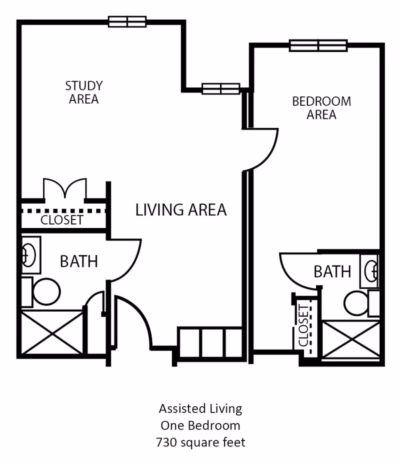 Black-and-white floor plan of a 730 sq ft assisted living one-bedroom unit showing a living area, study area, bedroom, two baths, and closets.