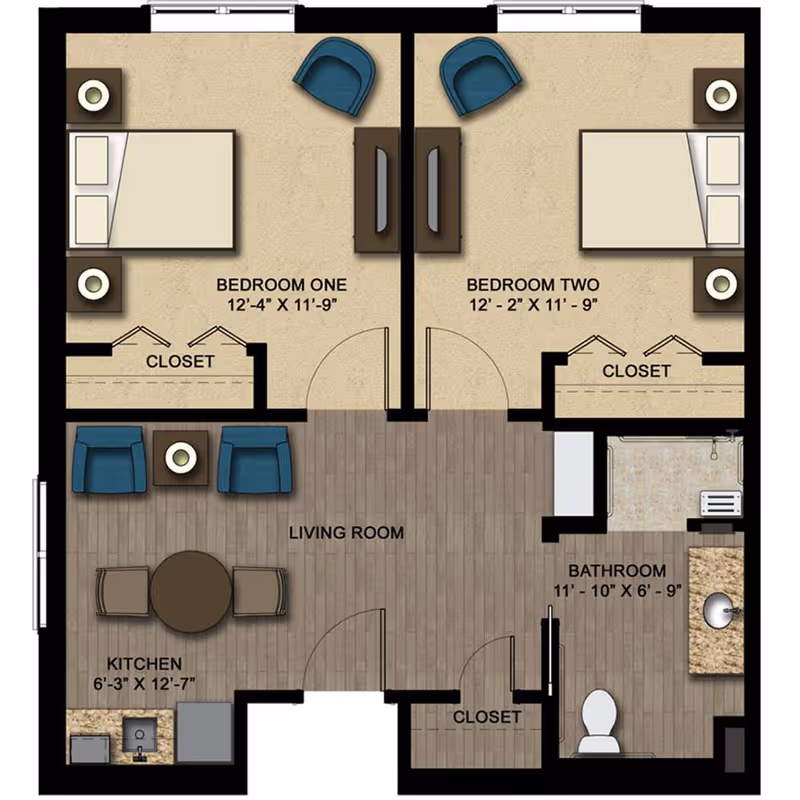 Floor plan of a two-bedroom apartment at Élan Manatee showing Bedroom One and Bedroom Two each with a bed, two nightstands, a closet, and a chair. The living room has two chairs, a small table, and a round dining table with two chairs. The kitchen area includes a sink, stove, and refrigerator. The bathroom has a toilet, sink with countertop, and a shower. There is also a closet near the bathroom.