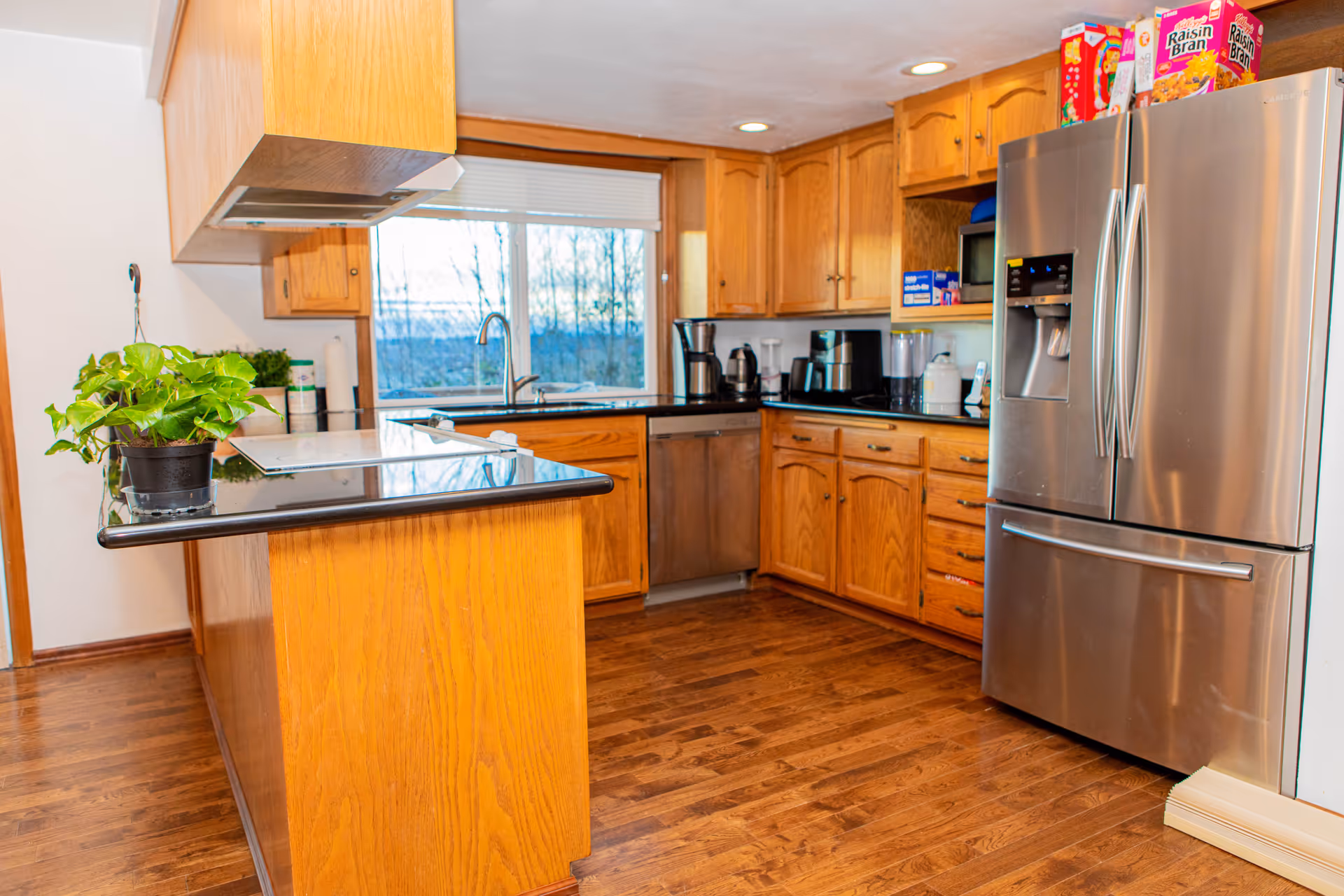 A bright kitchen with wooden cabinets, a stainless steel refrigerator, a dishwasher, and a black countertop. There is a window above the sink showing an outdoor view with trees. On the countertop, there are various kitchen appliances including a coffee maker, blender, and microwave. A potted green plant sits on the kitchen island.