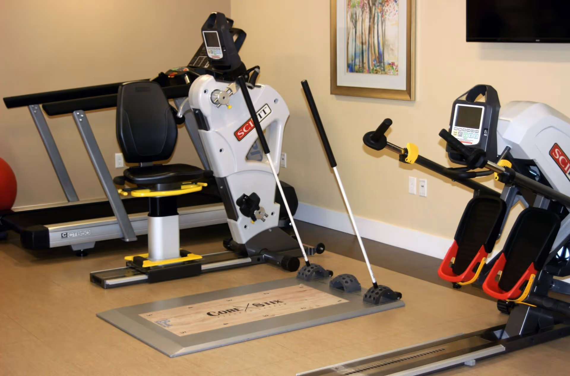 Small fitness room with recumbent exercise bikes, a treadmill, and balance trainers on the floor.