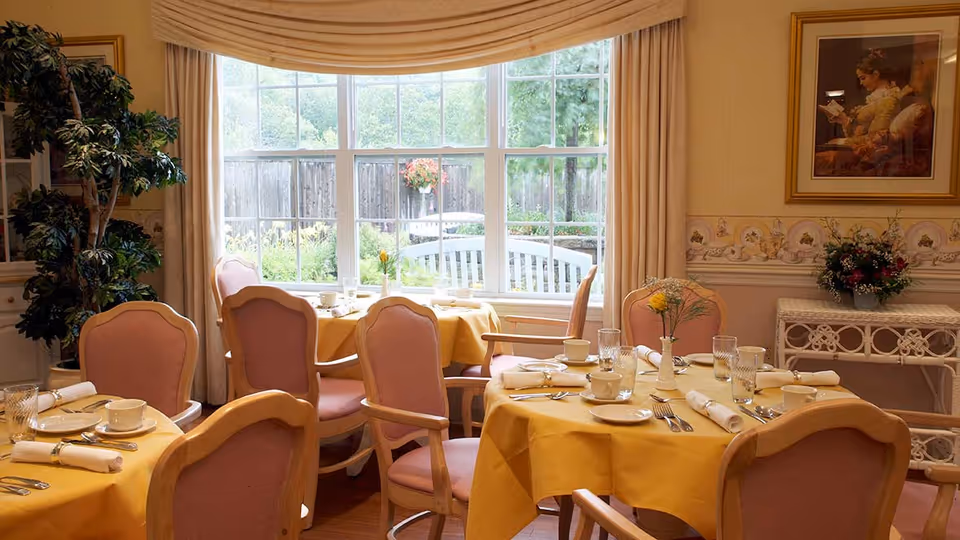 A cozy dining room with round tables covered in yellow tablecloths, set with white plates, cups, glasses, and silverware. Pink cushioned chairs surround the tables. A large window with beige curtains lets in natural light and offers a view of a garden outside. There is a potted plant in the corner and a framed painting on the wall.