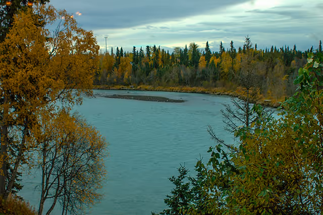 A scenic view of a river surrounded by trees with autumn foliage under a cloudy sky.