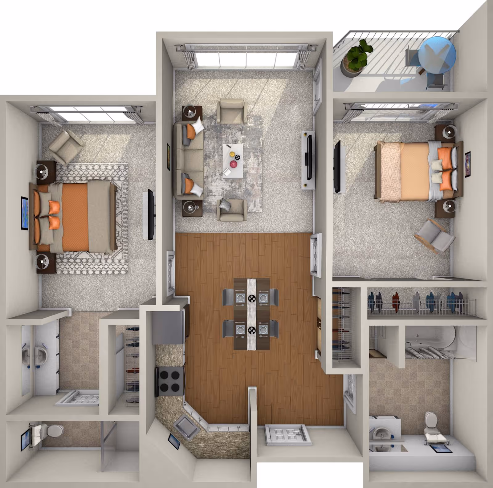 Top-down view of a two-bedroom apartment floor plan featuring a living room with sofa and chairs, a dining area with a table set for four, a kitchen with appliances, two bedrooms each with a bed and nightstands, two bathrooms, closets, and a balcony with a small table and chairs.