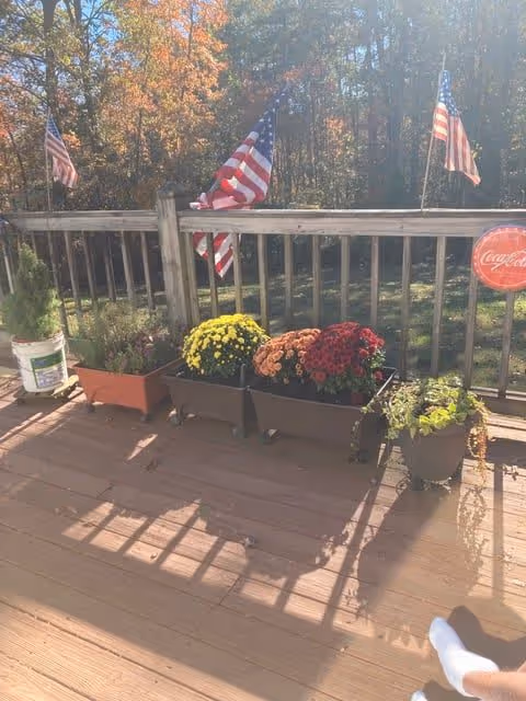A wooden deck with several flower pots containing colorful flowers and plants. Three American flags are mounted on the railing, and there is a Coca-Cola sign attached to the railing. Trees with autumn foliage are visible in the background.