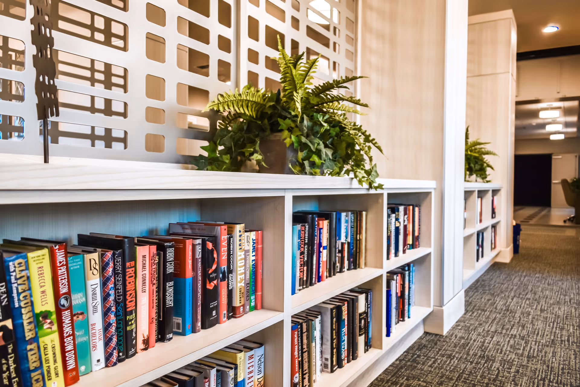A well-lit interior hallway featuring built-in bookshelves filled with various books and a green potted plant on top. The space has light-colored wood paneling and carpeted flooring, with a decorative partition above the shelves and a mirror reflecting part of the hallway.