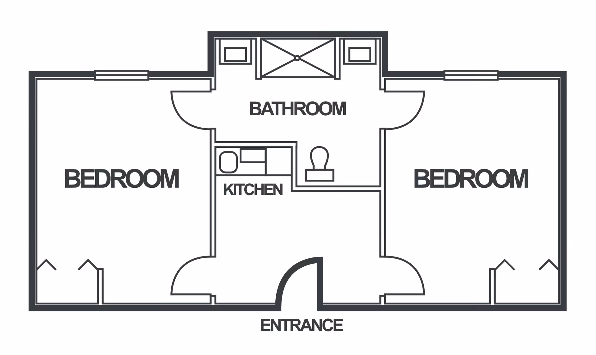 Floor plan layout showing an entrance leading to a central kitchen area, flanked by two bedrooms on either side, and a bathroom located above the kitchen.