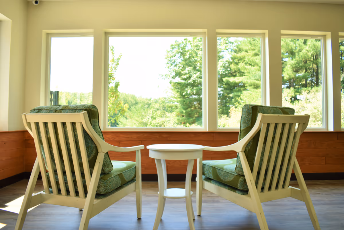 Two wooden armchairs with green cushions facing large windows that show a view of green trees outside, with a small round white table between the chairs in a bright room.