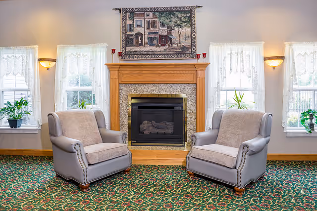 Two upholstered armchairs facing a fireplace in a cozy sitting room with windows, plants, and a patterned carpet.
