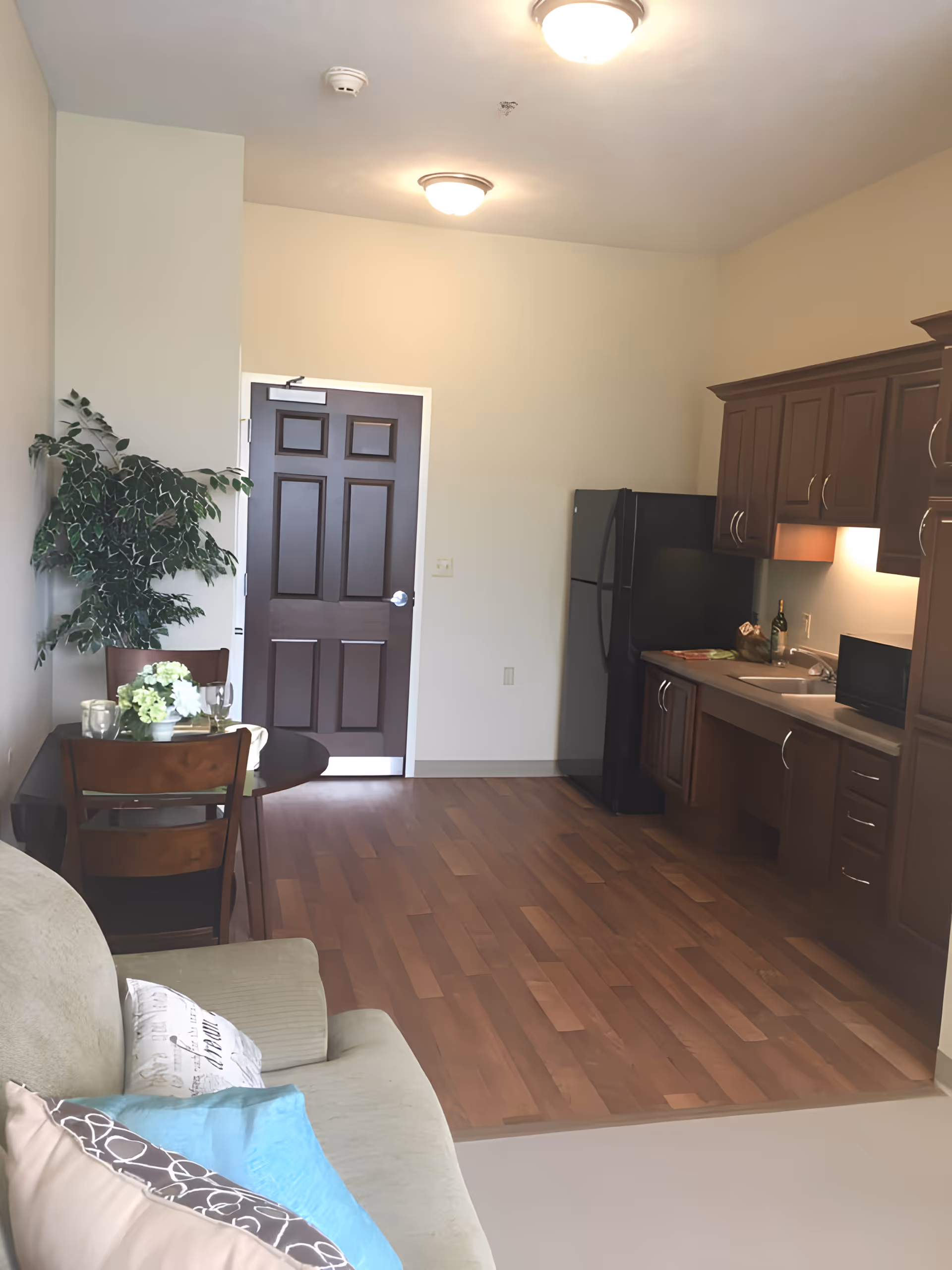 Small apartment living area with a sofa, dining table, kitchenette and a dark entrance door.