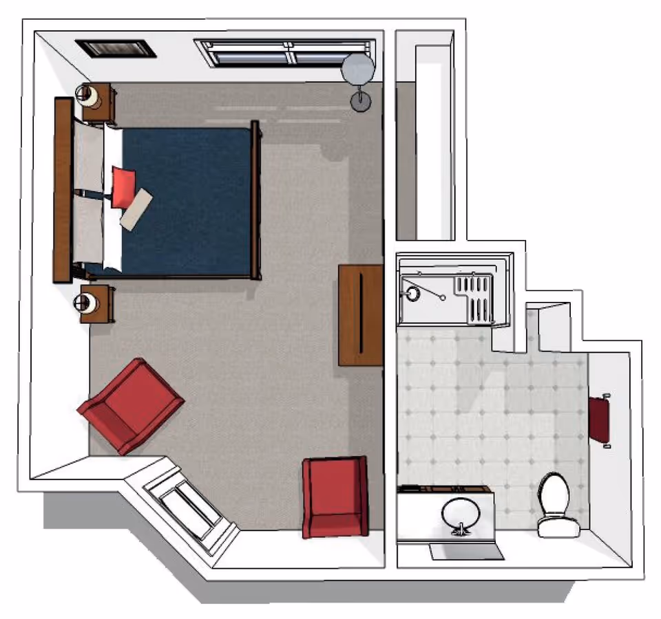 Top-down floor plan of a senior living residence unit featuring a bedroom and an attached bathroom. The bedroom includes a bed with pillows, two nightstands with lamps, two red armchairs, a dresser, a floor lamp, and a window. The bathroom has a shower, a toilet, a sink with a vanity, and a towel rack.