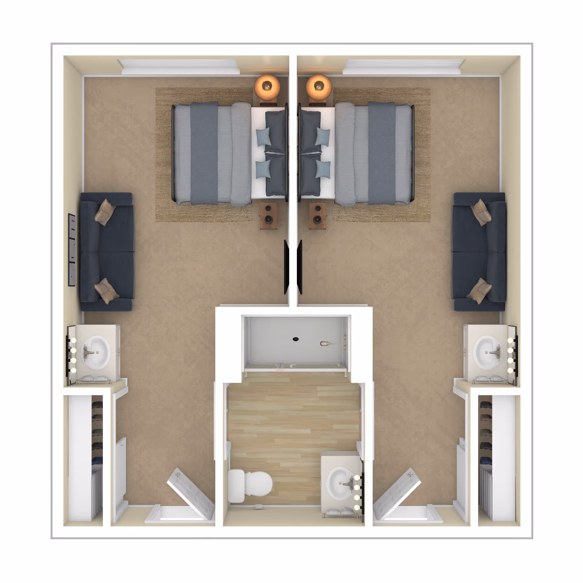 Top-down floor plan of two mirrored bedroom suites with beds, sofas, bedside tables, closets and a shared central bathroom.