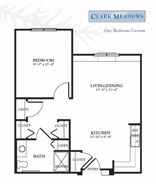 Floor plan of a one-bedroom custom apartment at Clark Meadows, showing a bedroom, living/dining area, kitchen, bathroom with shower and toilet, multiple closets and linen storage, and an entry area.