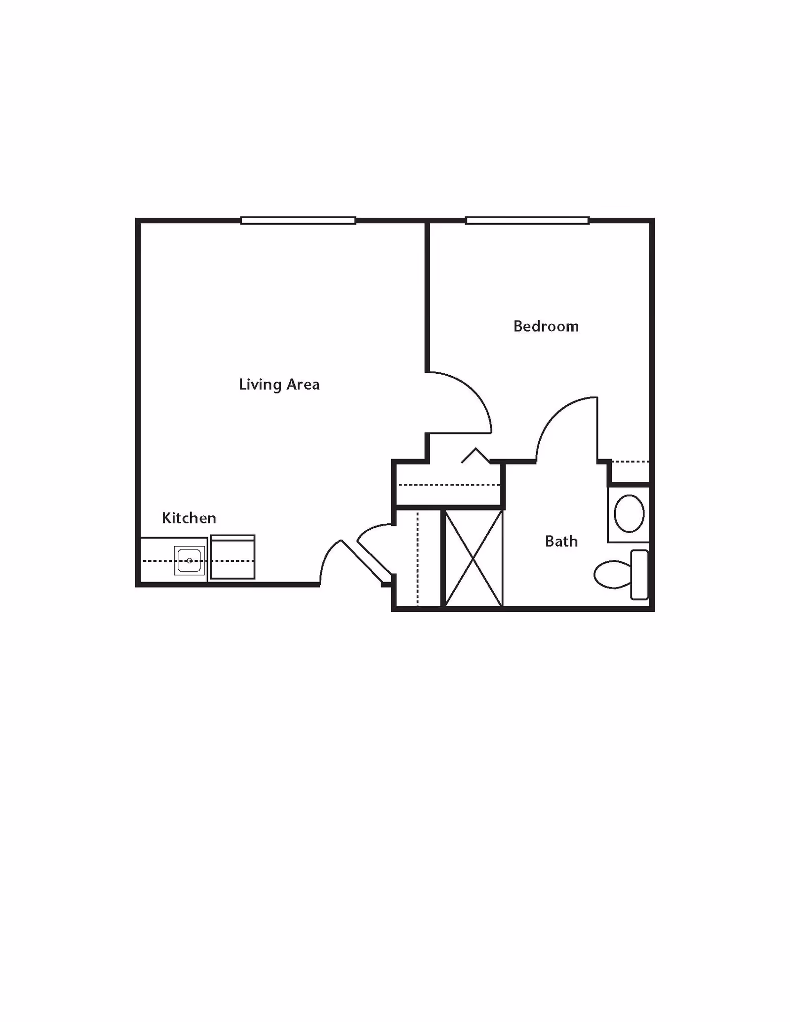 Floor plan layout of a one-bedroom apartment with labeled areas including a kitchen, living area, bedroom, and bathroom.