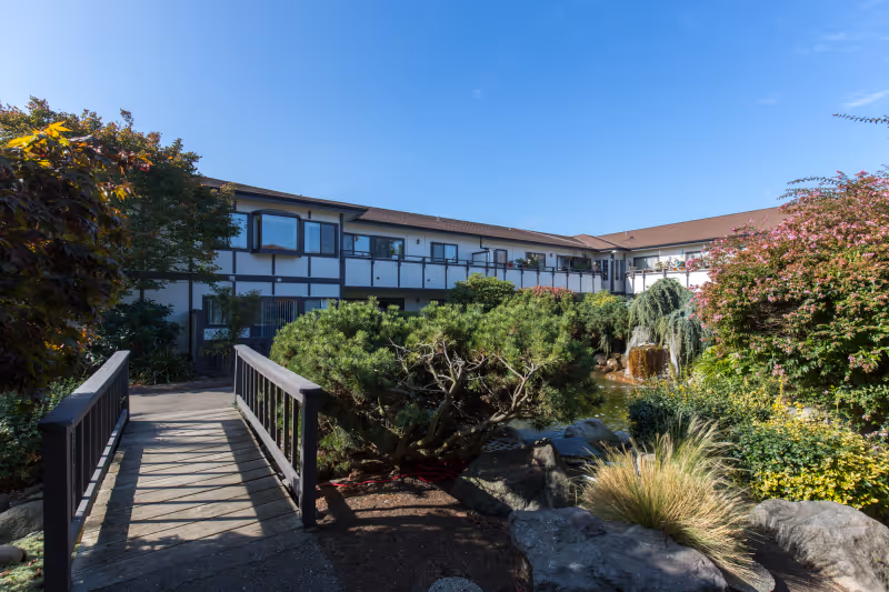 Outdoor garden area with a wooden footbridge over a small pond, surrounded by lush greenery and bushes, in front of a two-story building under a clear blue sky.