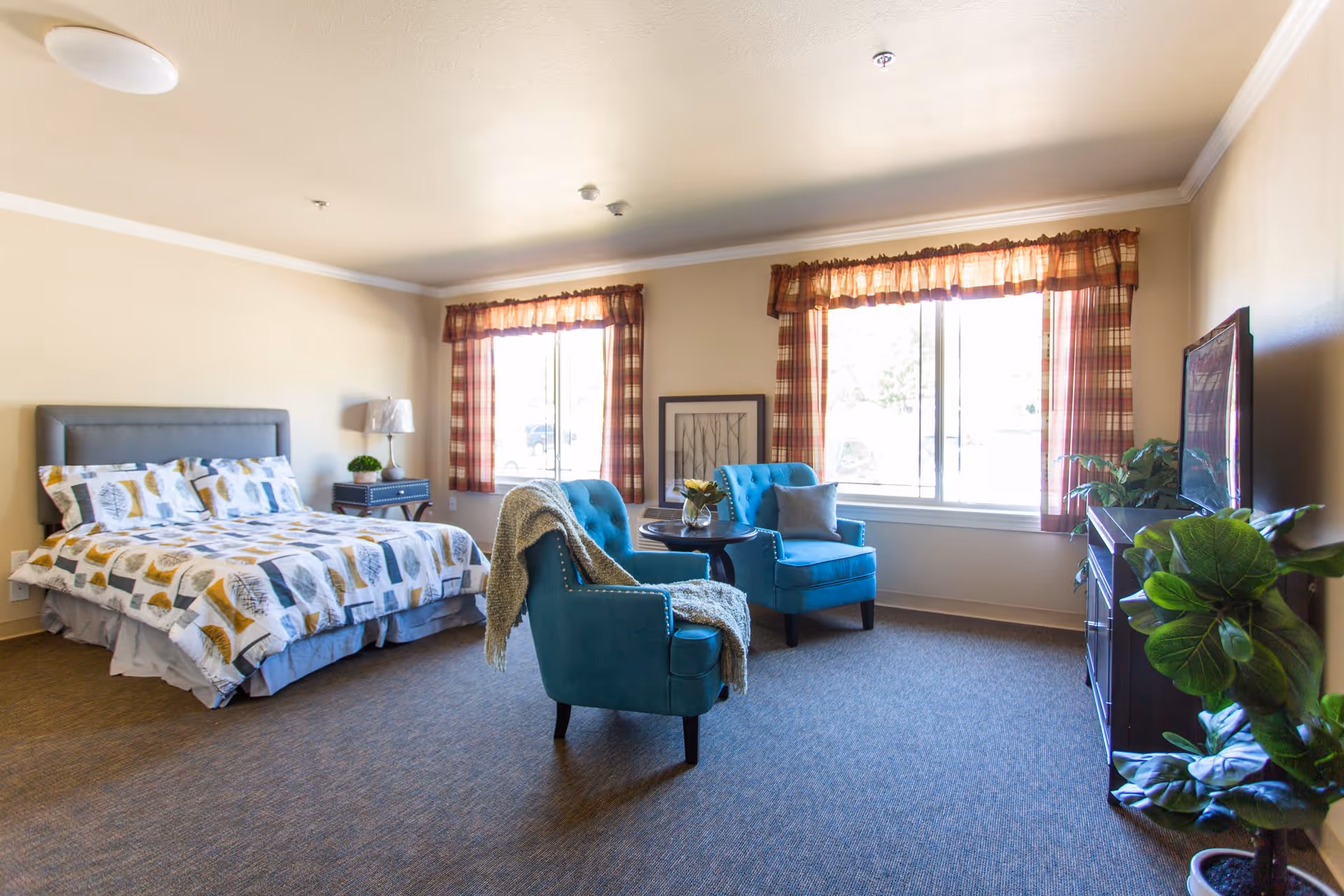 A bright and spacious bedroom in an assisted living facility featuring a bed with patterned bedding, two blue armchairs with a small round table between them, large windows with plaid curtains, a TV on a dark wooden stand, and several green plants.