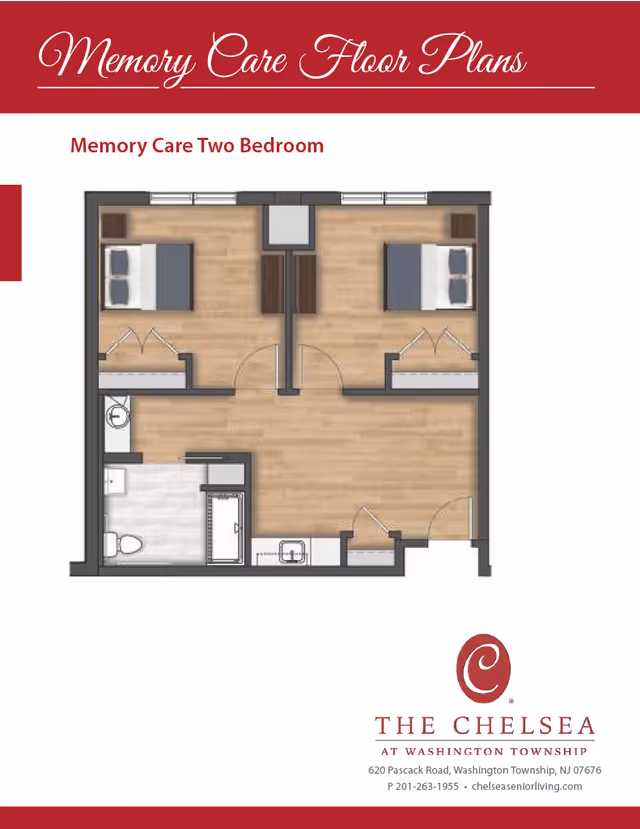 Memory Care two-bedroom floor plan diagram showing two bedrooms, a bathroom, and a central common area with The Chelsea logo and contact information.