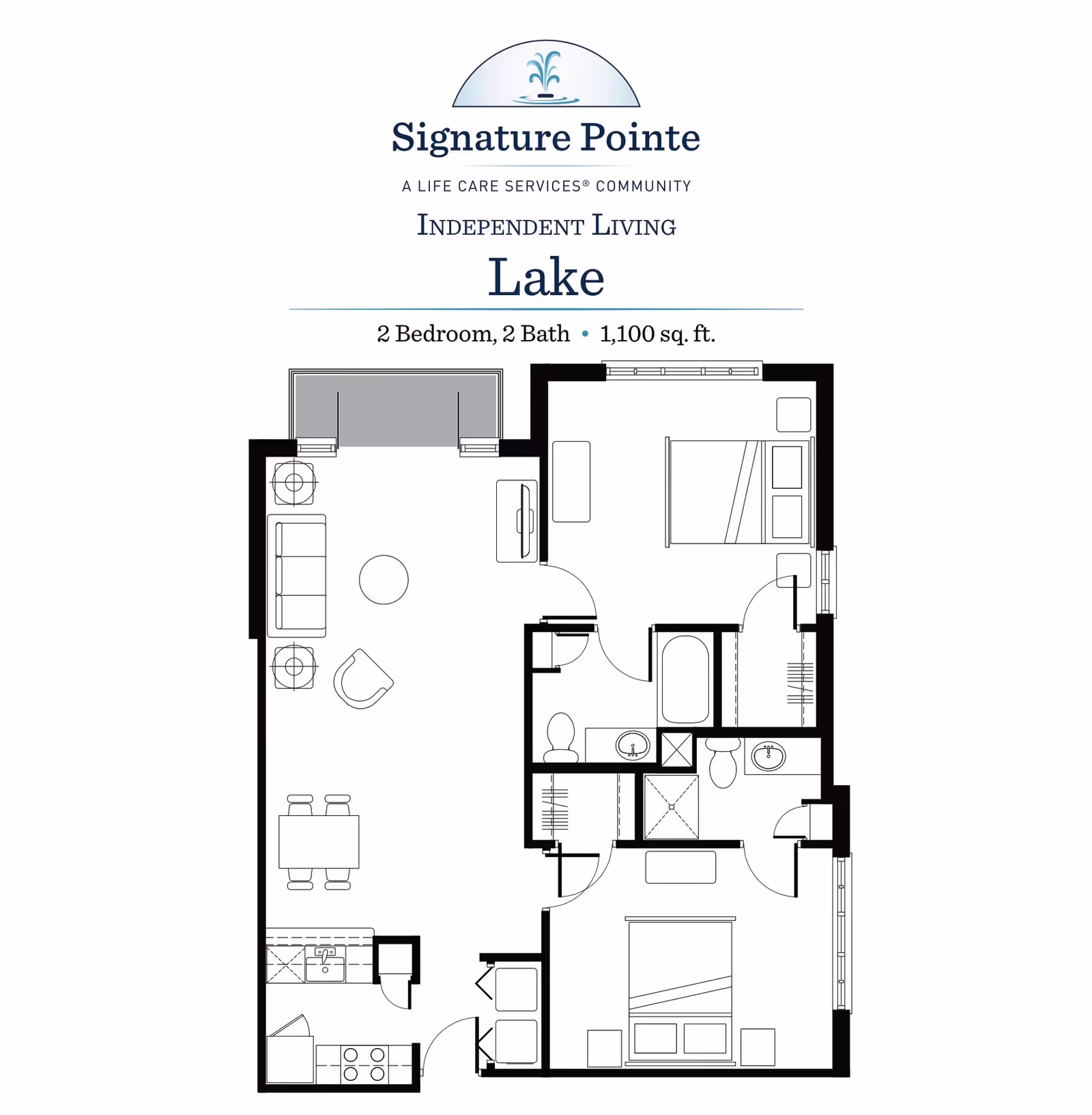 Floor plan of Signature Pointe Independent Living apartment named Lake, featuring 2 bedrooms, 2 bathrooms, a kitchen, dining area, living room, and balcony, covering 1,100 square feet.