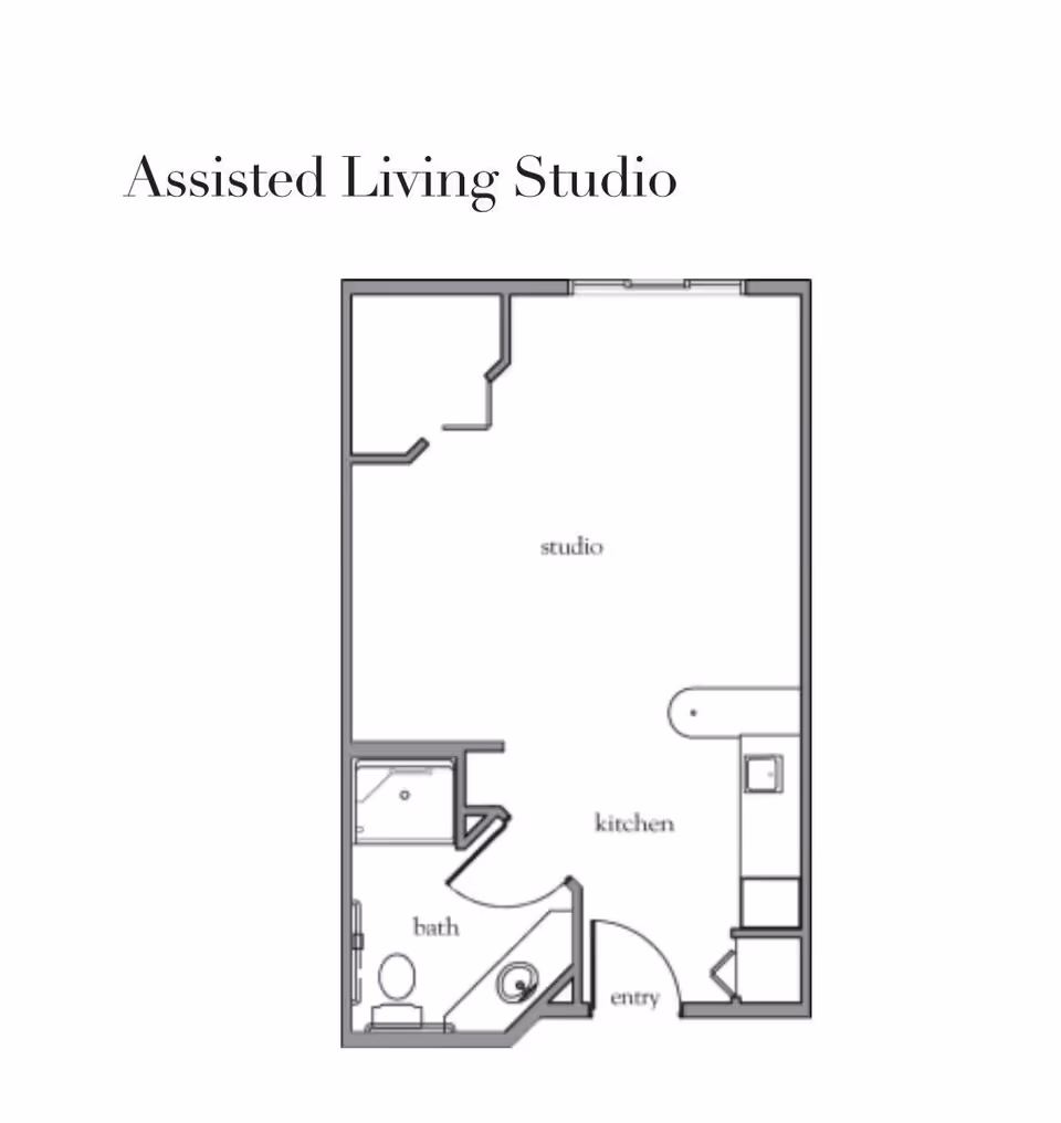 Floor plan layout of an assisted living studio apartment showing a studio area, kitchen, bathroom, and entryway.