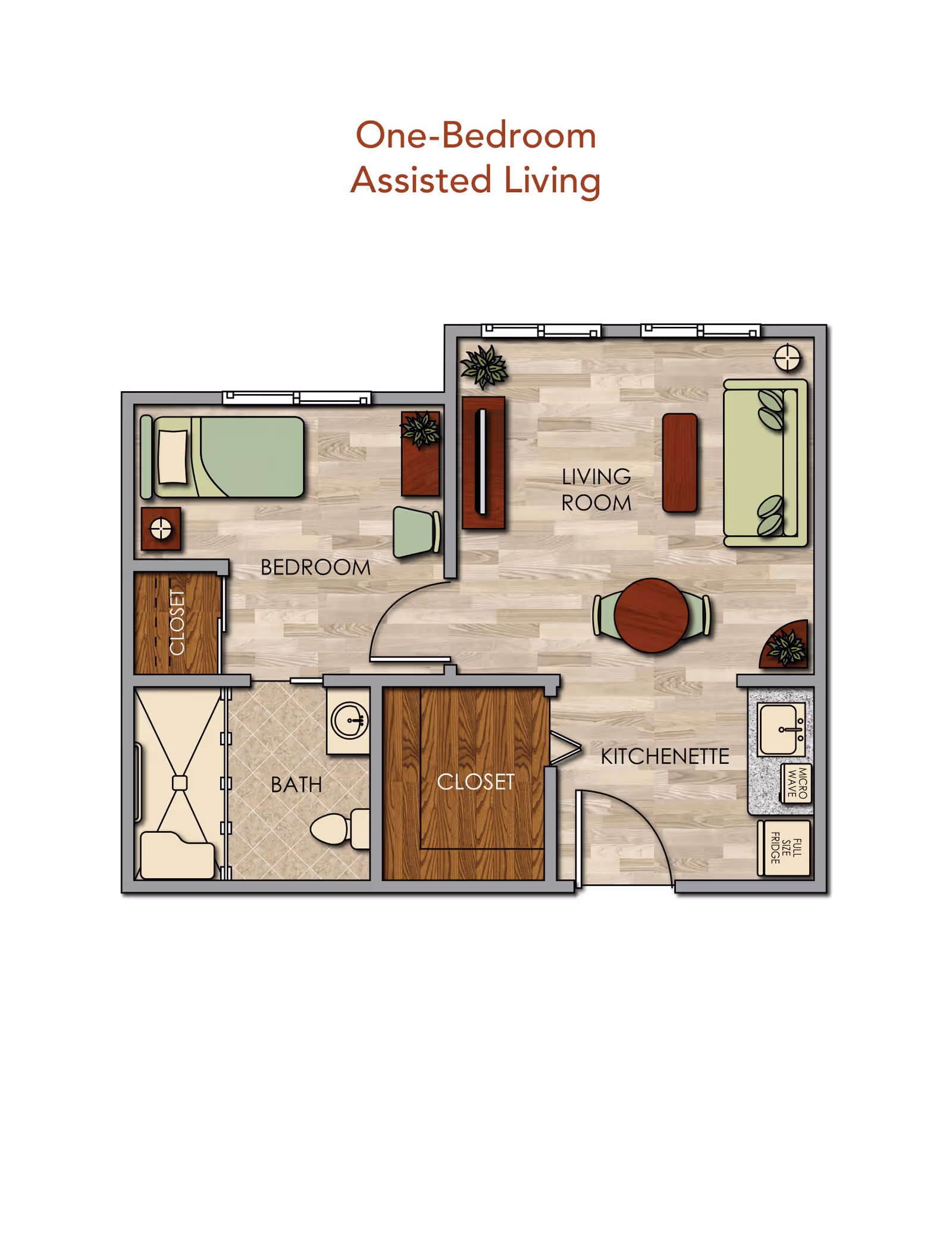 Floor plan illustration of a one-bedroom assisted living apartment showing a living room, kitchenette, bedroom, bathroom, and closets.