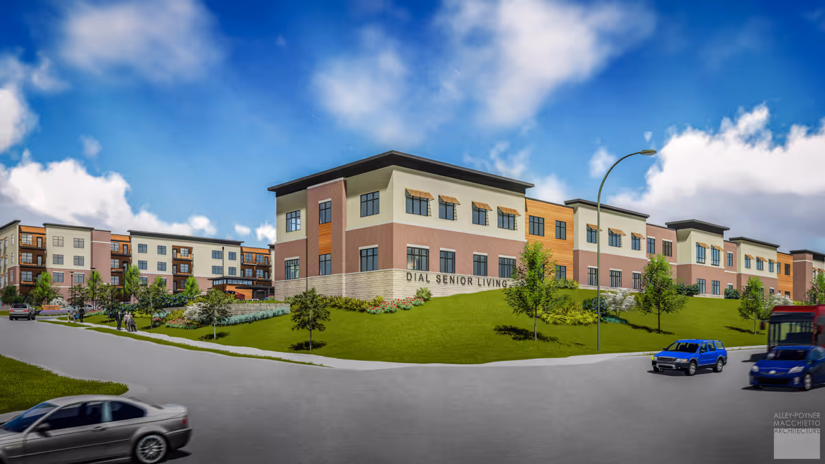 Exterior rendering of a multi-story senior living building on a landscaped hill with cars and pedestrians on the street.