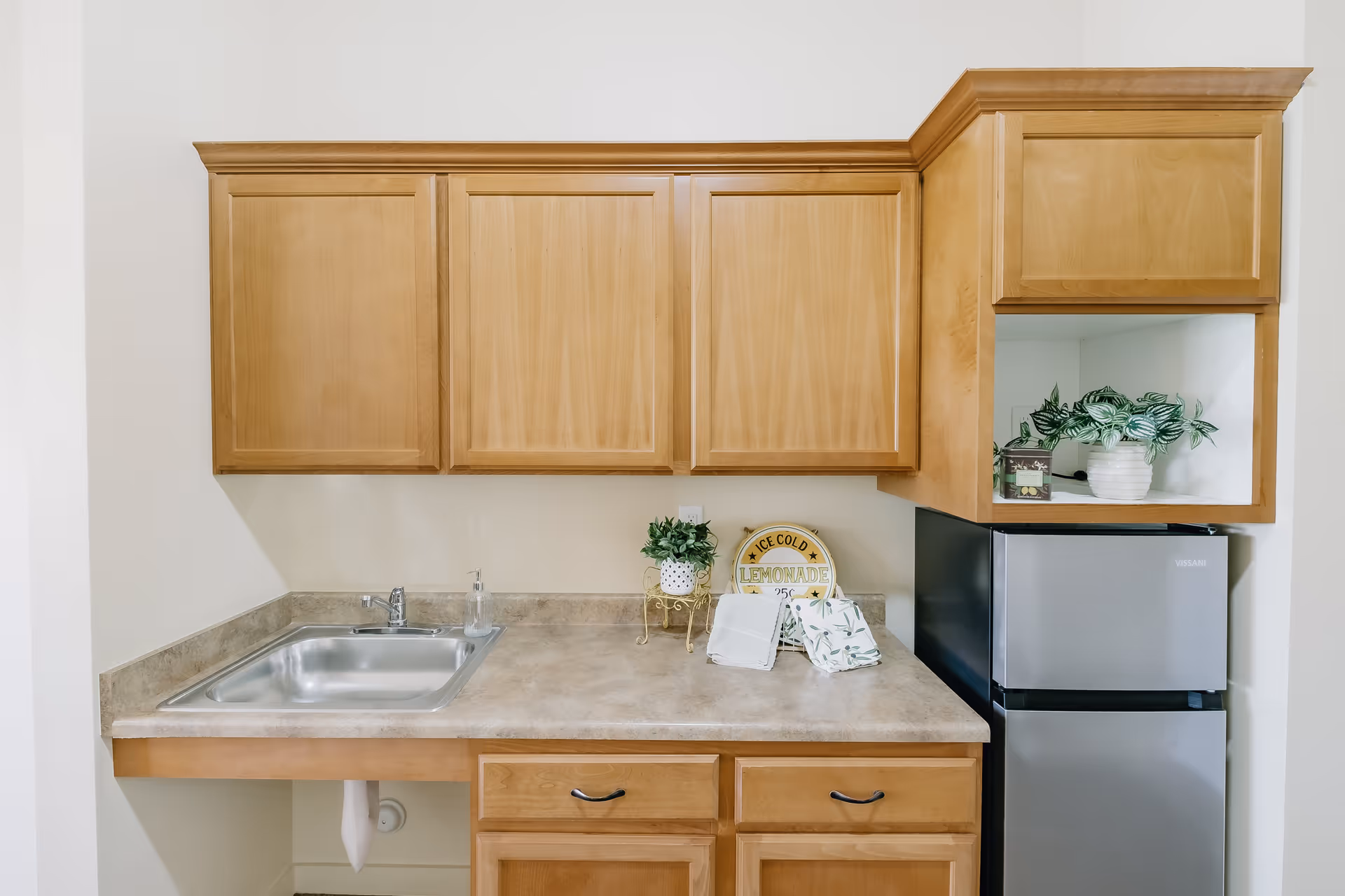 A small kitchenette with light wood cabinets, a stainless steel sink, a countertop with decorative plants, a lemonade sign, and a small stainless steel refrigerator.