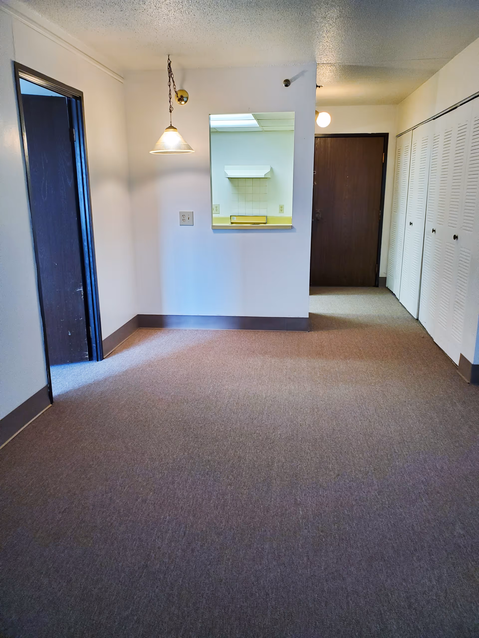 Empty carpeted living area with a pass-through to a small kitchen, pendant light, closets and an entry door.