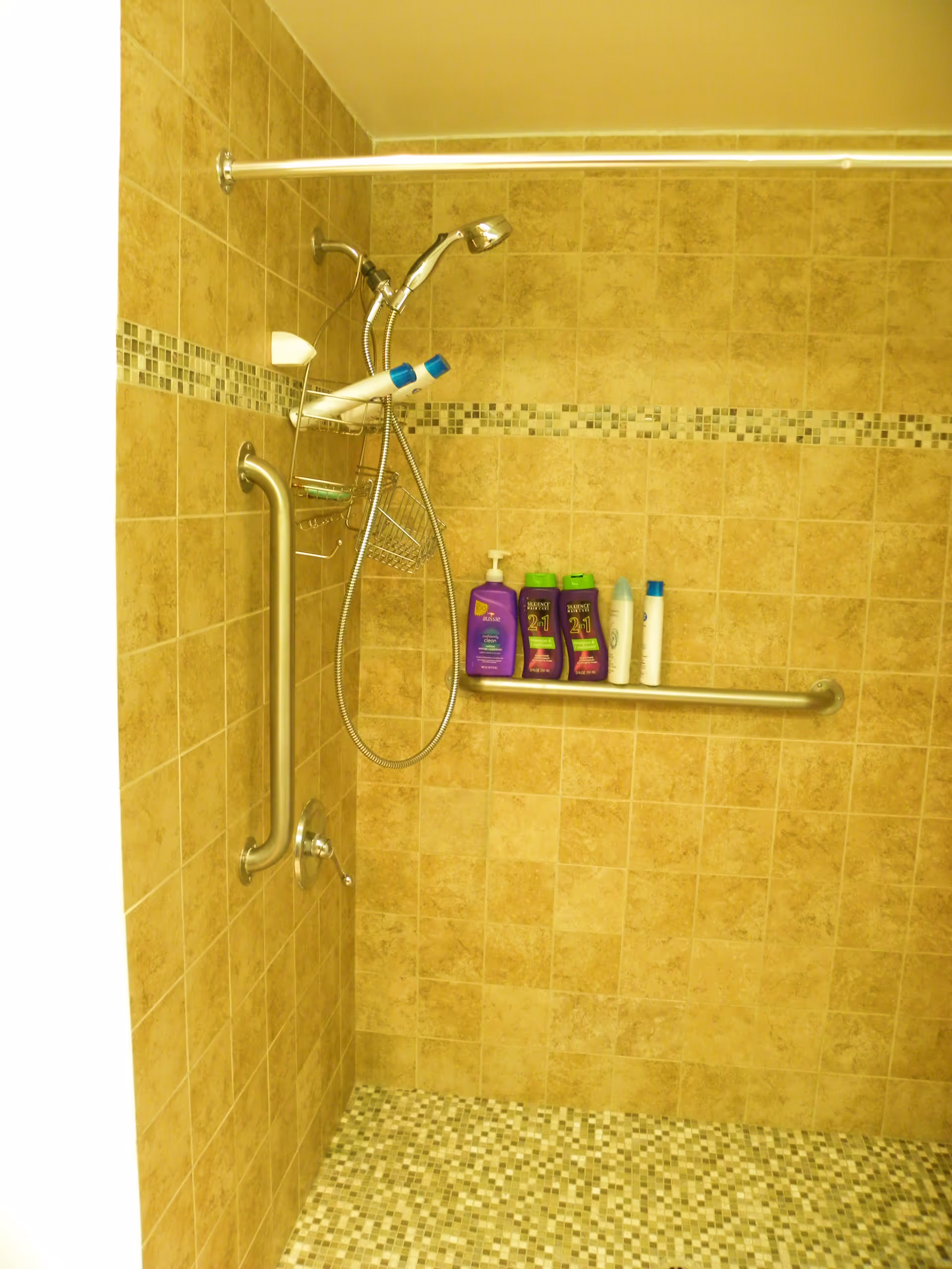 Shower area with beige tiled walls and mosaic tile floor, featuring a handheld showerhead, a metal grab bar, a shower caddy with toiletries, and several bottles of shampoo and conditioner on a horizontal grab bar.