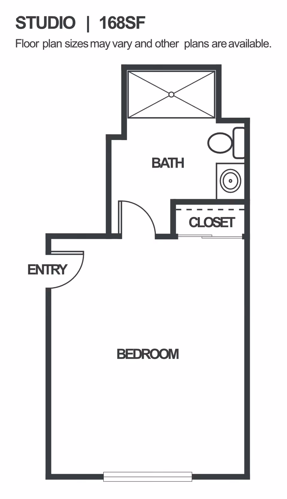 Floor plan of a studio apartment with 168 square feet, showing an entry leading into a bedroom area, a closet, and a bathroom with a shower, toilet, and sink.