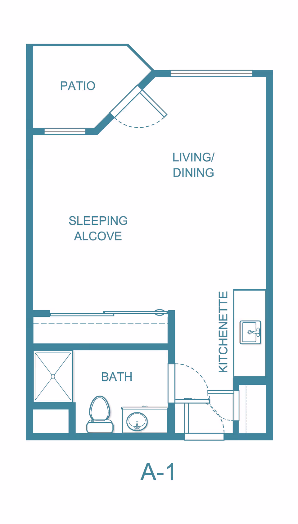 Floor plan of a senior living studio apartment labeled A-1, featuring a patio, living/dining area, sleeping alcove, kitchenette, and bathroom with a shower, toilet, and sink.