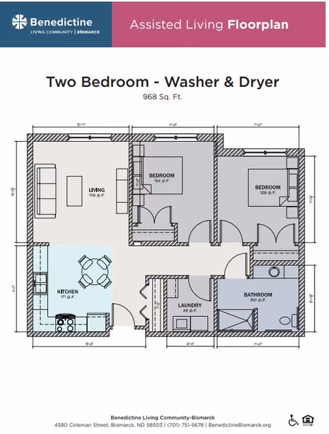 Floor plan of a two-bedroom assisted living apartment with washer and dryer at Benedictine Living Community-Bismarck. The layout includes a living room, kitchen, two bedrooms, a laundry area, and a bathroom. Dimensions and square footage are labeled for each room.