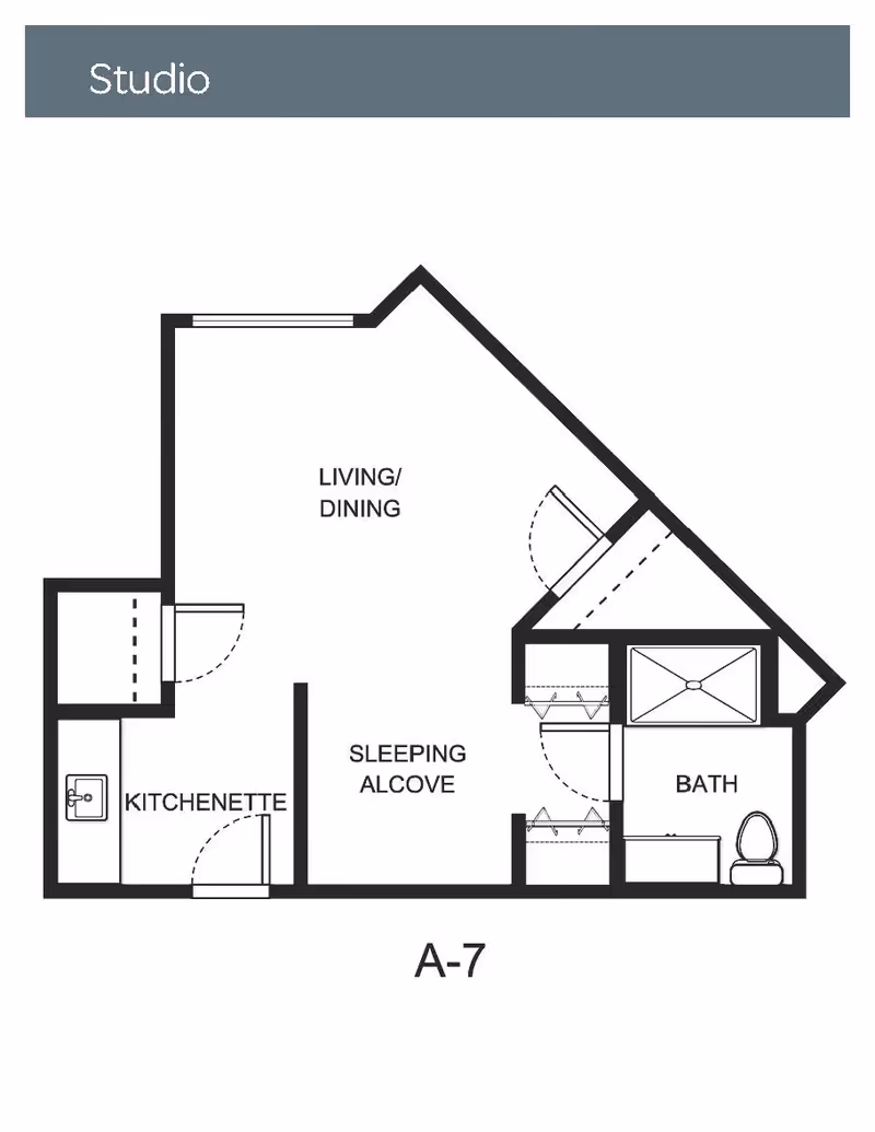 Floor plan labeled Studio showing a layout with a living/dining area, sleeping alcove, kitchenette, and bathroom. The plan includes doors and fixtures such as a sink, toilet, and shower.