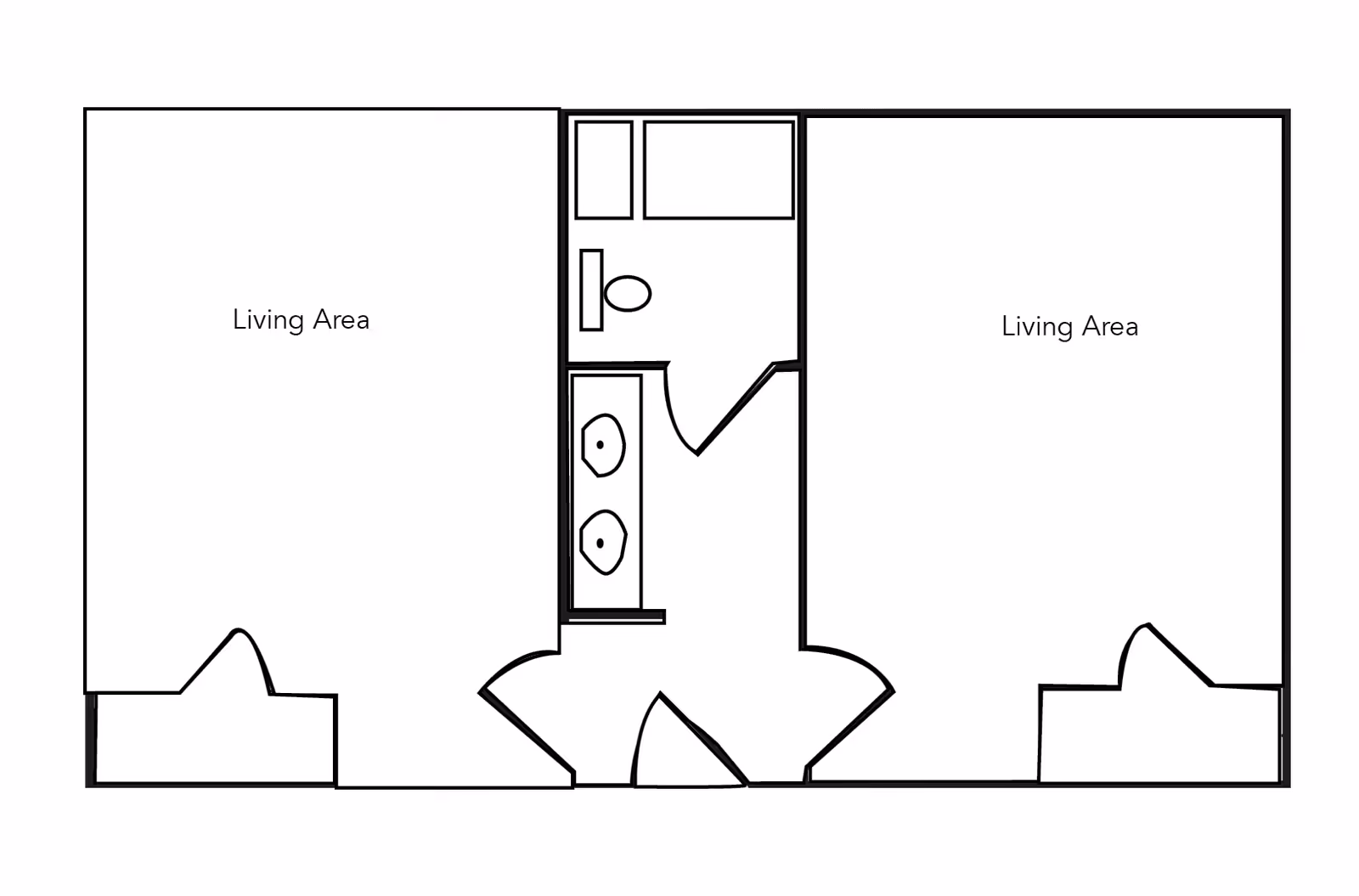 Black and white architectural floor plan showing two living areas separated by a central bathroom with two sinks, a toilet, and a shower or bathtub.