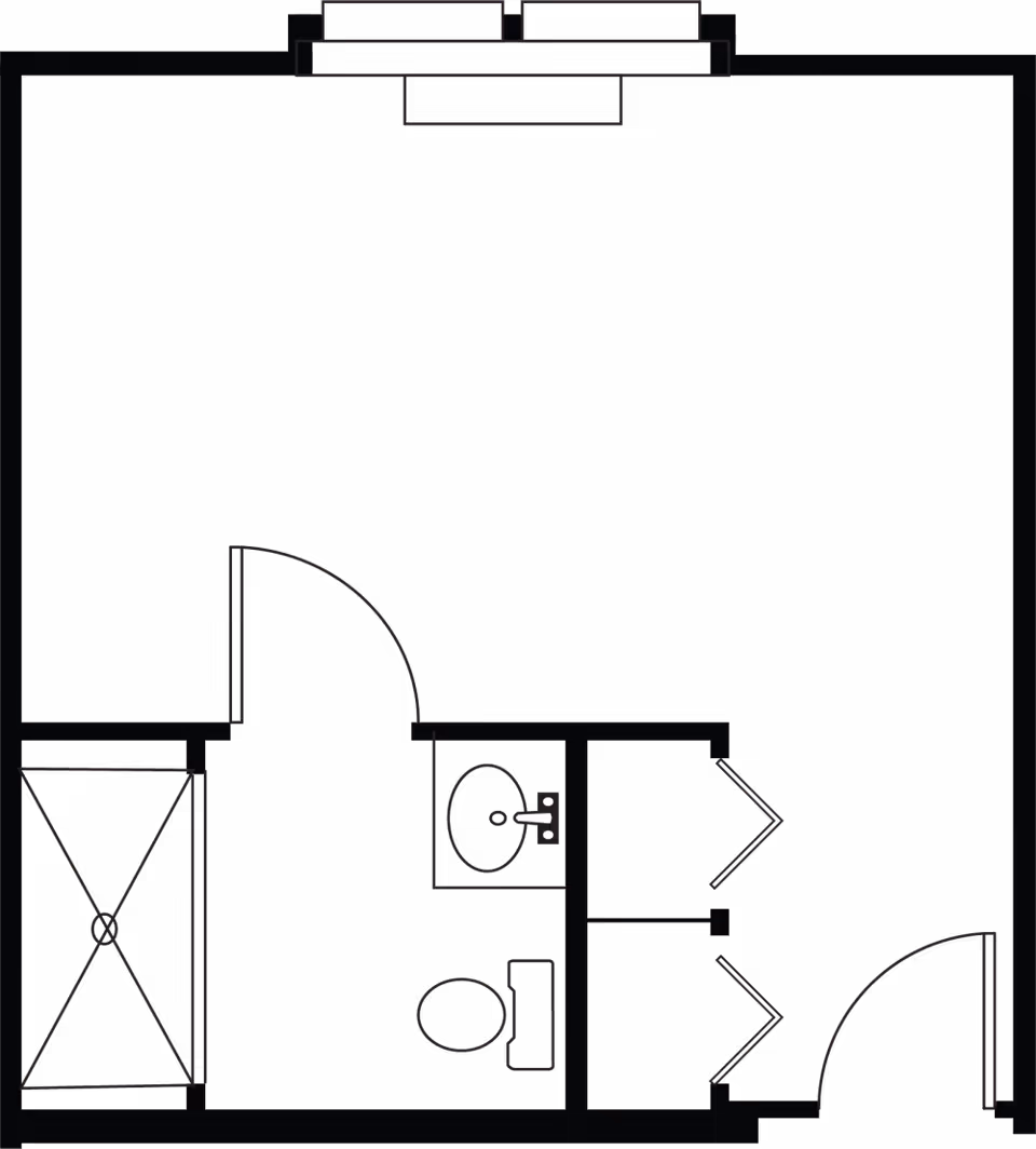 Architectural floor plan of a small living space with a bathroom including a toilet and sink, a closet, and an entry door.