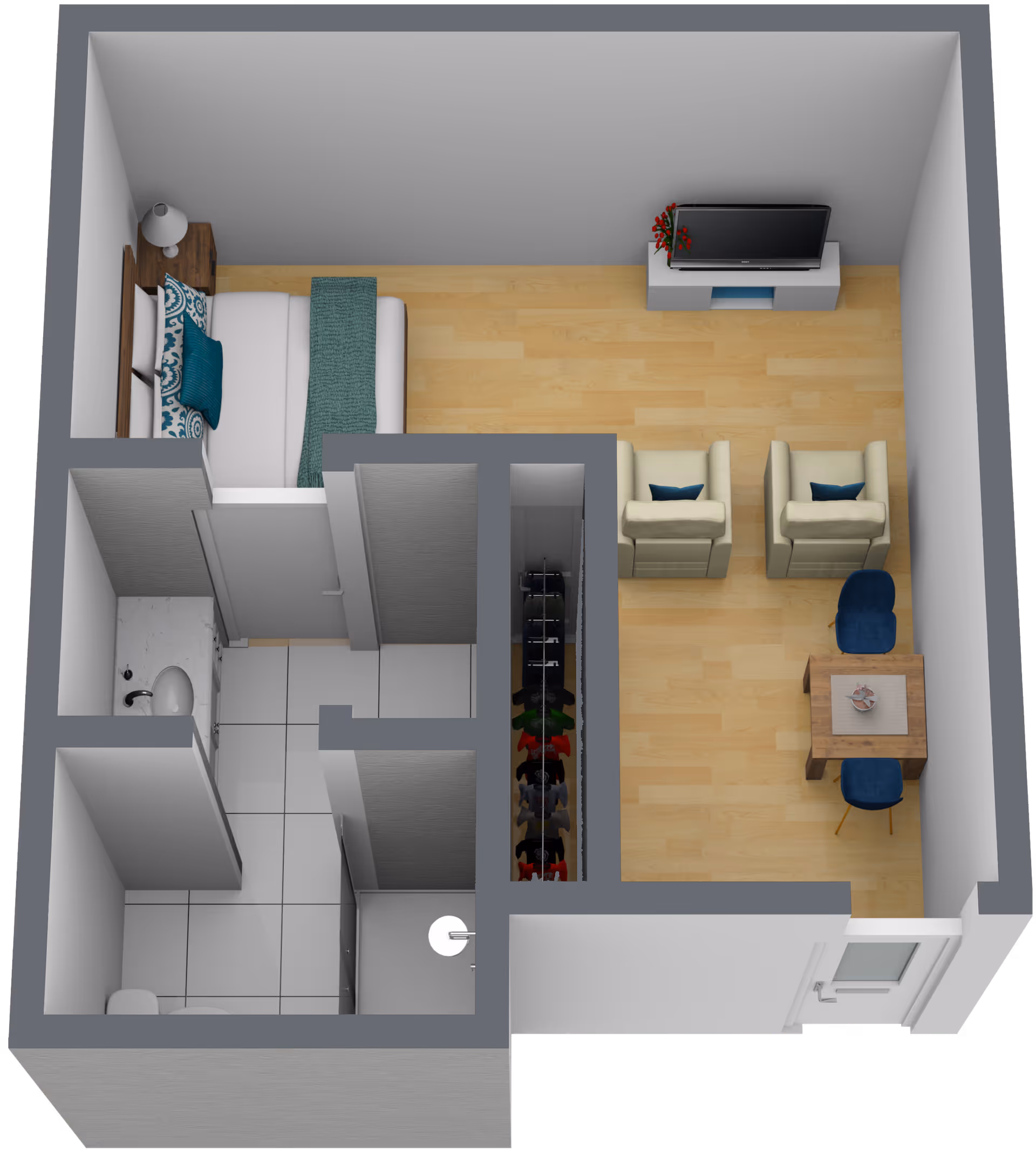 3D floor plan of a small apartment unit featuring a bedroom with a bed and nightstand, a bathroom with a sink and toilet, a closet with hanging clothes, and a living area with two armchairs, a TV on a stand, and a small dining table with two chairs.