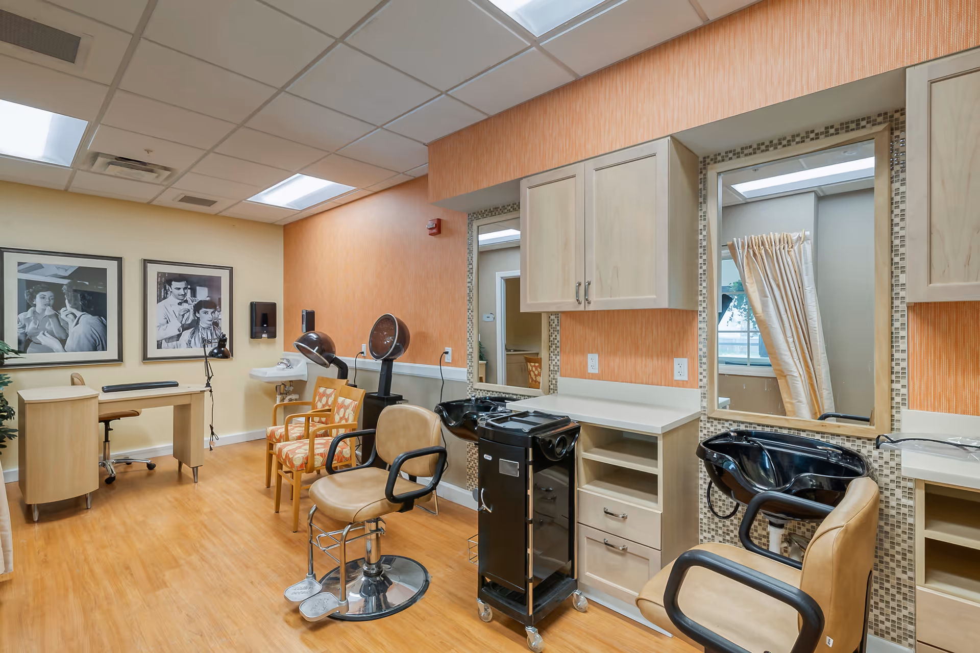 Well-lit salon area with styling chairs, hair-washing sinks, mirrors, and cabinets.
