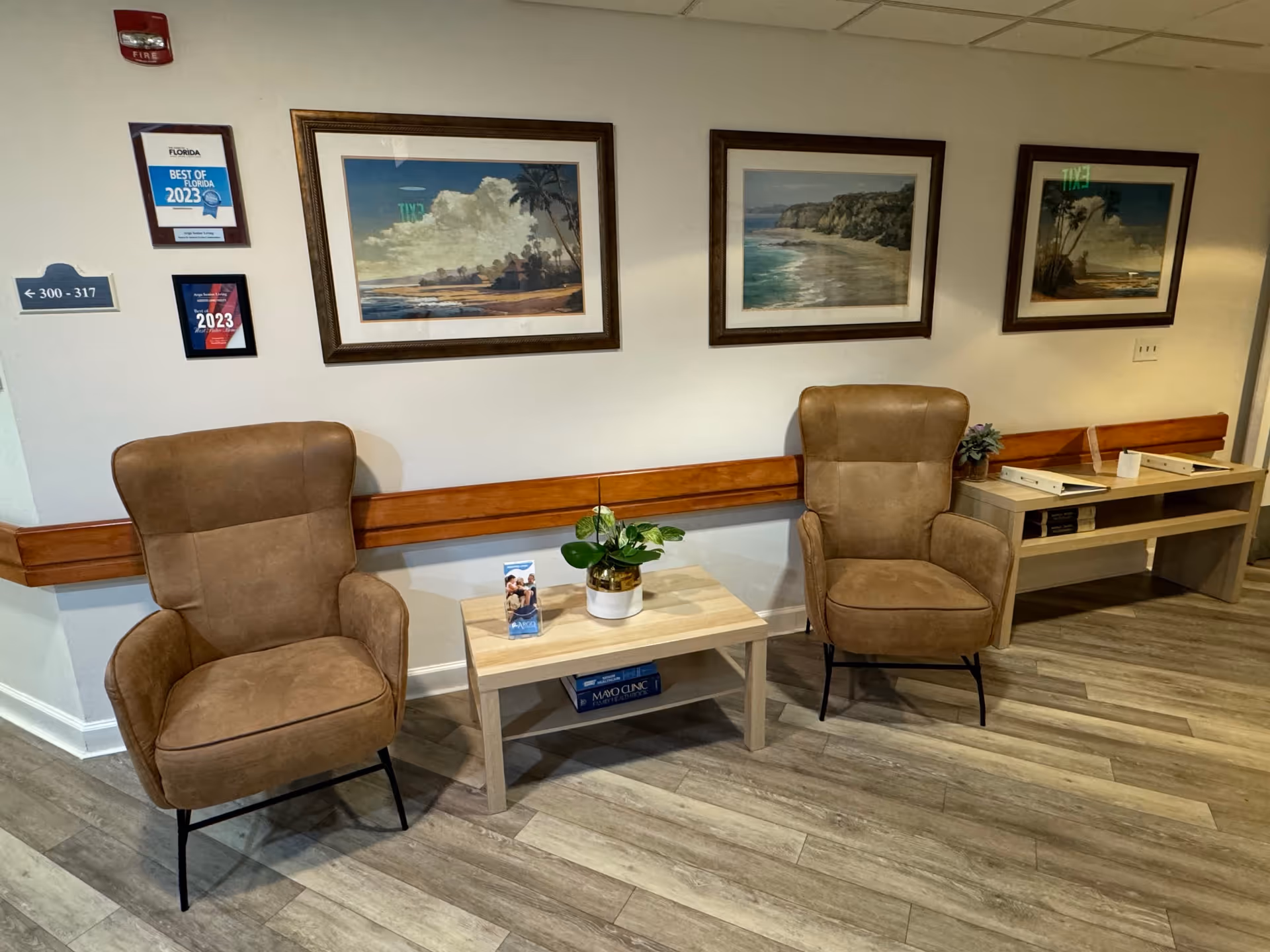 A seating area in a senior living facility hallway with two brown cushioned armchairs separated by a small wooden table holding a potted plant and a brochure. The wall behind features three framed landscape paintings and two award plaques. The floor is covered with light wood-patterned vinyl, and there is a wooden handrail running along the wall.
