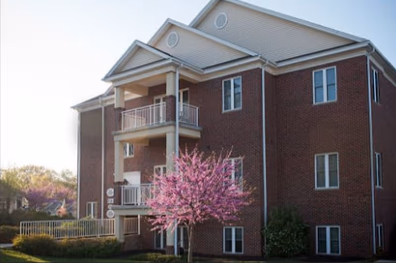 Exterior view of a three-story brick building with white trim and balconies. In front of the building, there is a small tree with pink blossoms and some greenery around the base. The sky is clear and bright.