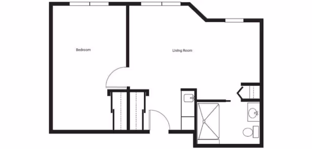 Black-and-white floor plan of a one-bedroom apartment showing a labeled bedroom, living room, bathroom, closet spaces and entry.