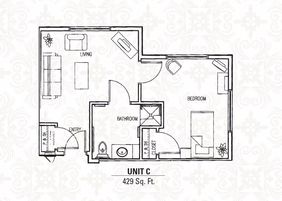 Architectural floor plan of Unit C at Heritage Court showing a 429 square feet layout with labeled areas including living room, bedroom, bathroom, entry, and closet.